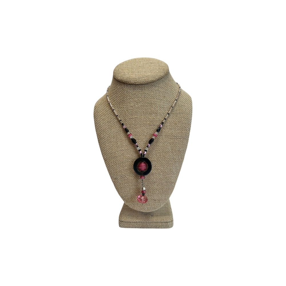 Y2K‎ Beaded Y-Drop Necklace 18" Pink Black Boho Geometric